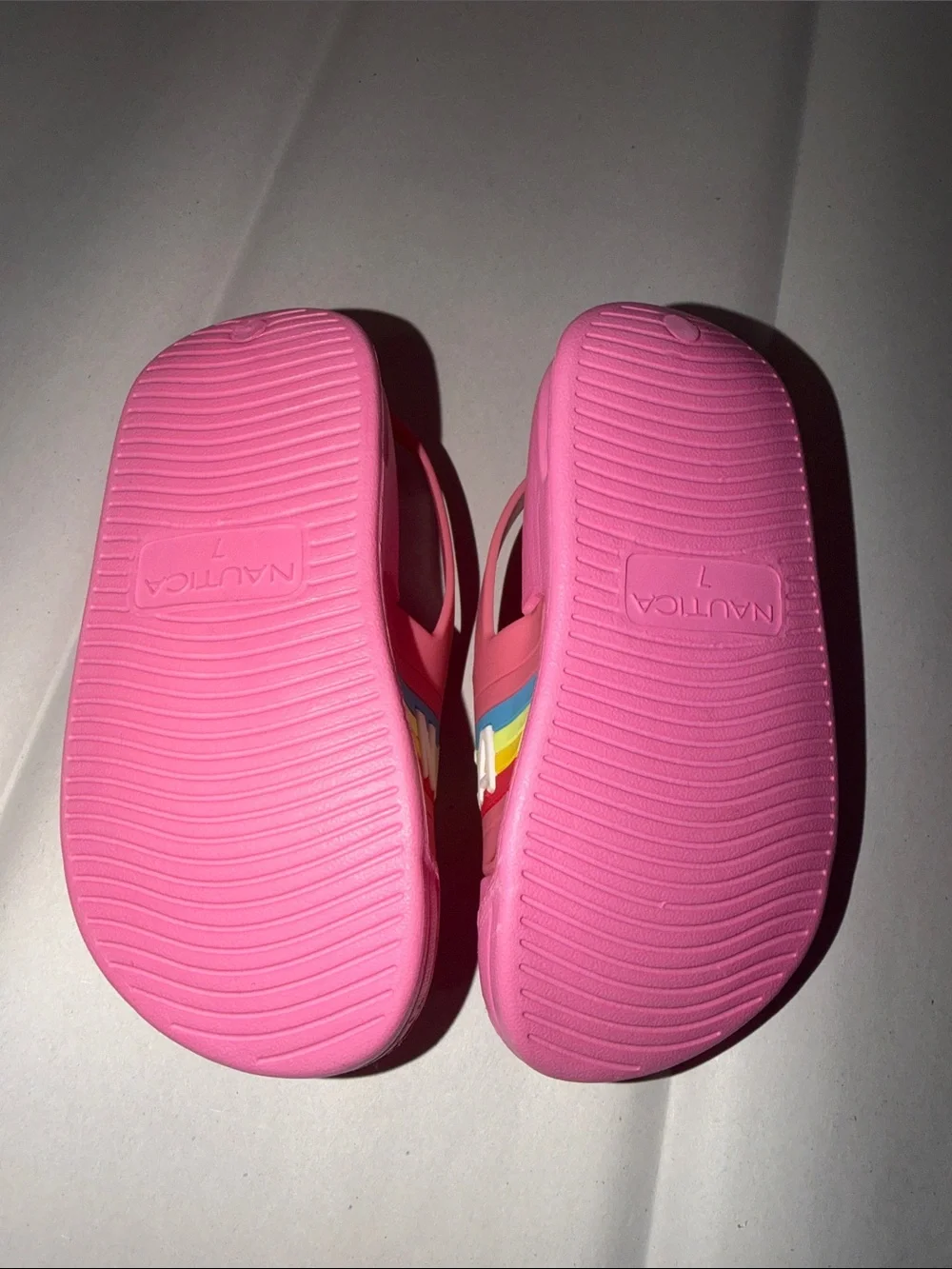 Nautica Kids Bright Pink Slide Sandals with Rainbow Logo Band